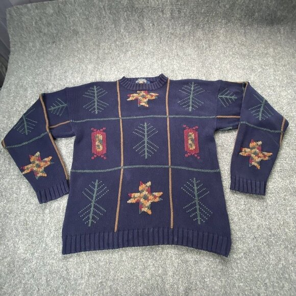 VTG 90s Chaps Ralph Lauren Sweater Men L‎ Navy Southwestern Geometric Boho Retro - Picture 4 of 15
